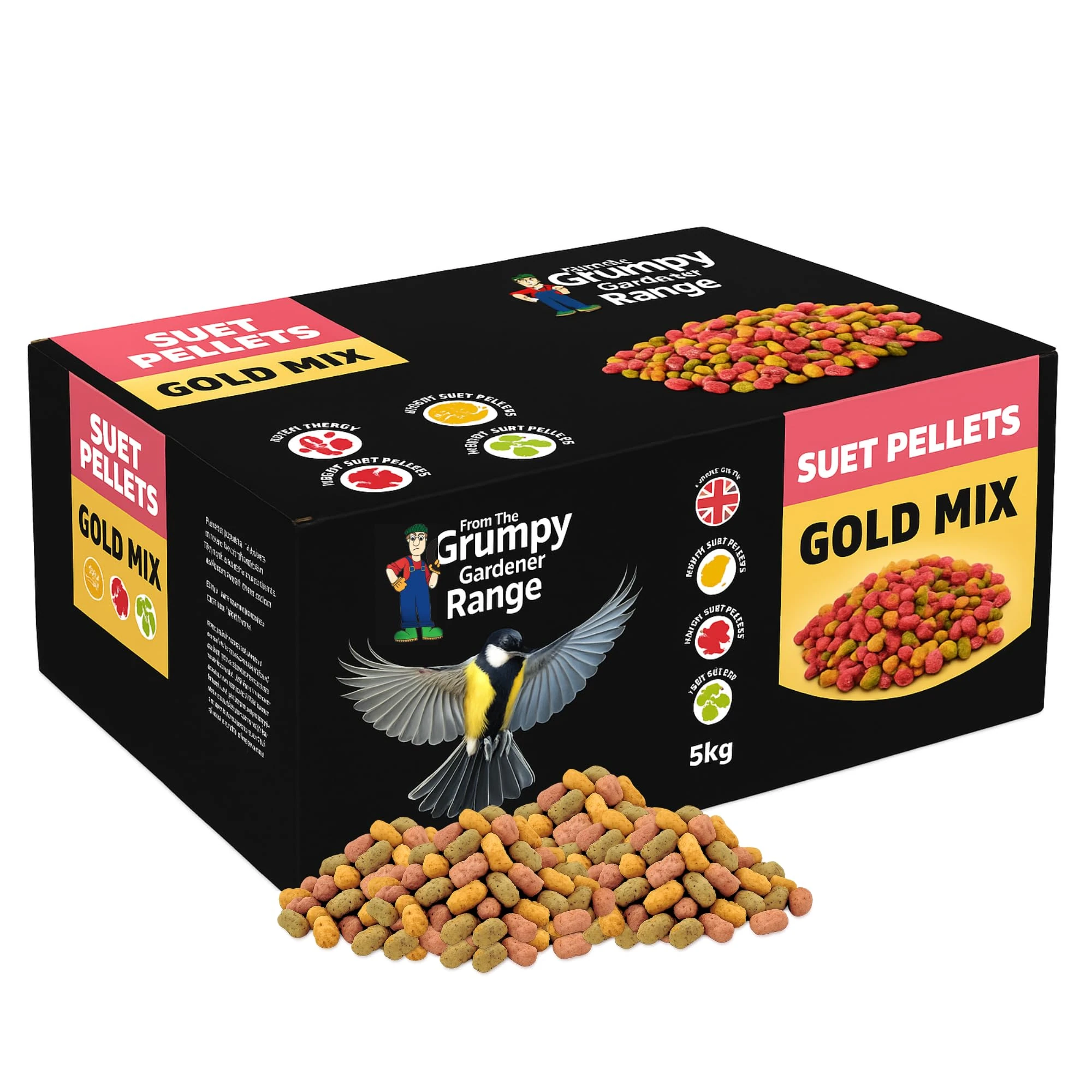 Grumpy Gardener Suet Pellets Wild Bird Food - 5Kg Bag of Gold Mix Suet Bird Food - No Mess, No Waste Premium Mixed Bird Feed with Beef Tallow, Peanuts, and Seeds