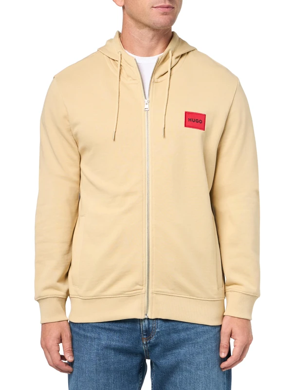 HUGO Men's Regular Fit Square Logo Jersey Hooded Zip Up Sweatshirt, Mojave Dessert, XL