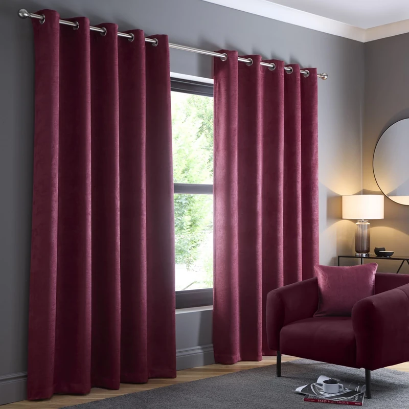 Fusion Strata Eyelet Curtains – W66 x L90 (168x229cm) – Wine Red – Thermal Drapes – 2 Panels – Dark Red Door Curtains – Bedroom & Living Room – Modern Style – Light Blocking Fabric