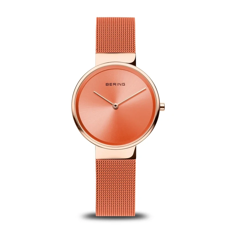 BERING Women's Quartz Watch, 31 mm Rose-Gold Stainless-Steel Case and Orange Dial, Milanese Strap, Sapphire Crystal, 5 ATM, 14531-565