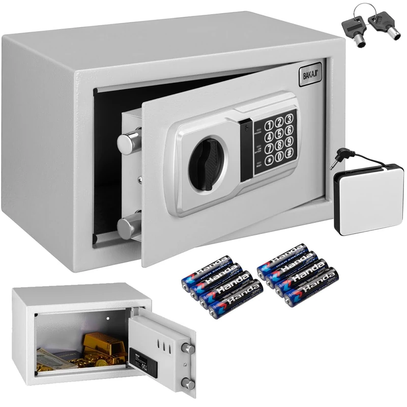 BAKAJI Electronic Safe with External Battery Box, Values and Documents Anti-Burglar Box for Home, Hotel, Wall or Independent Installation, 31 x 20 x 20 cm (Grey)