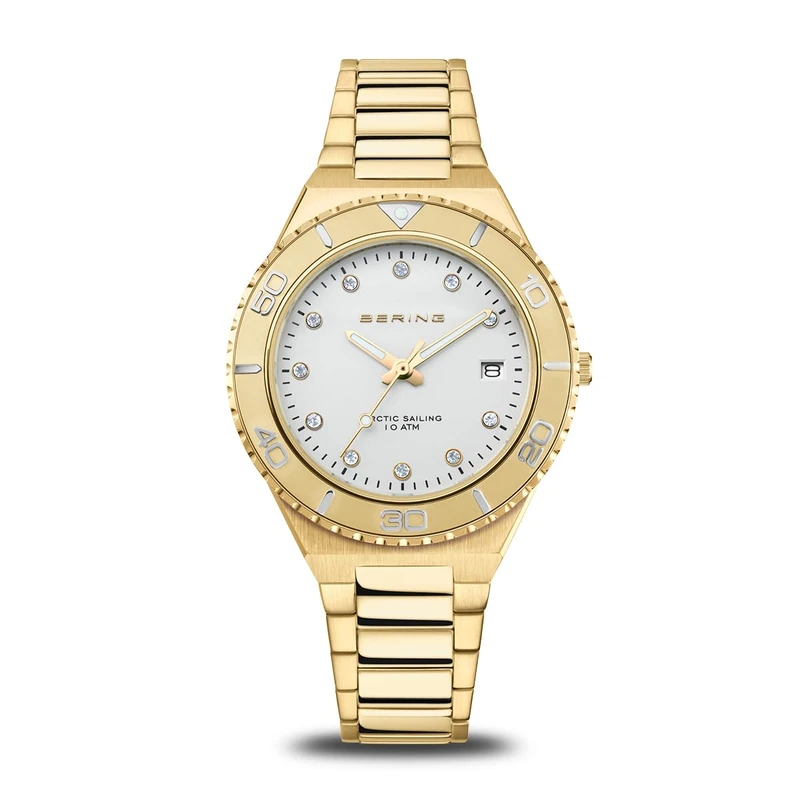 BERING Damen Quarz Uhr - Goldenes Edelstahlgehaeuse 36mm