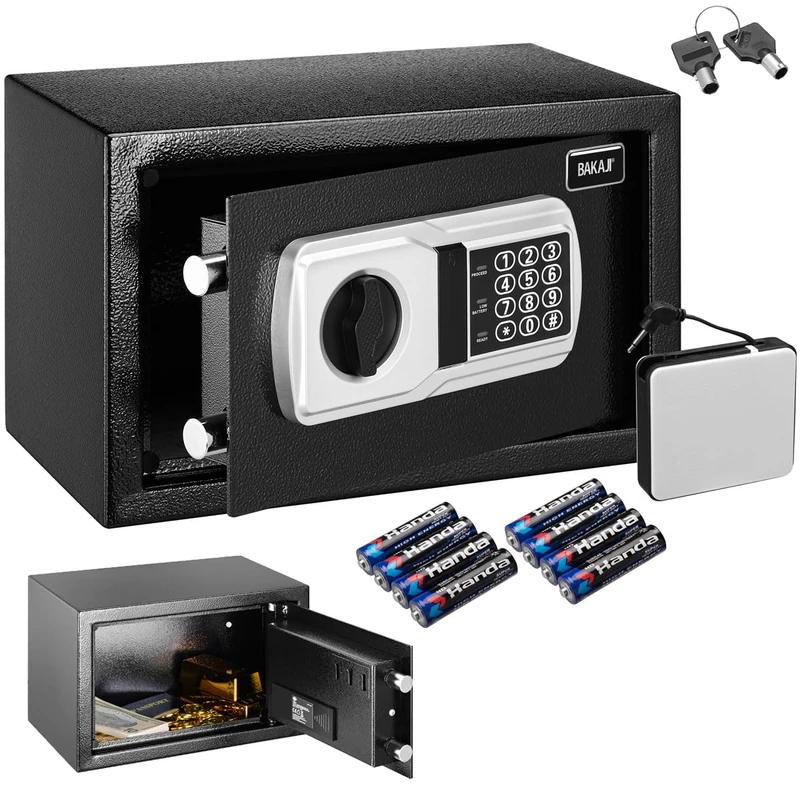 BAKAJI Electronic Safe with External Battery Box, Values and Documents Anti-Burglar Box for Home, Hotel, Wall or Independent Installation, 31 x 20 x 20 cm (Black)