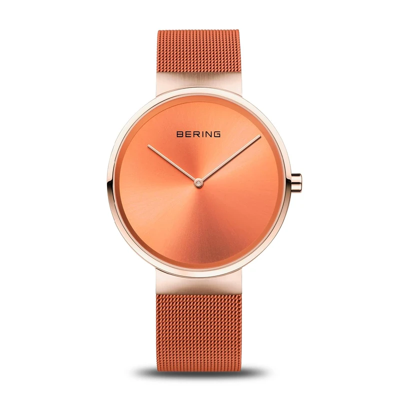 Bering Unisex Quartz Watch, 39 mm Rose-Gold Stainless-Steel Case and Orange Dial, Milanese Strap, Sapphire Crystal, 5 ATM, 14539-565