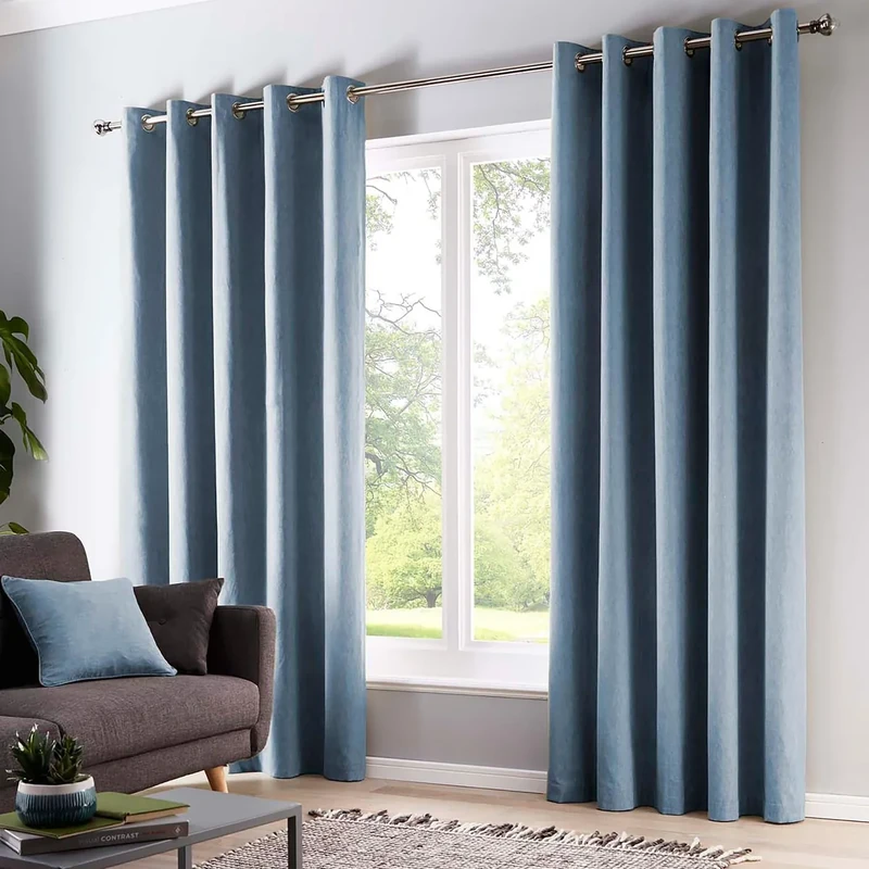Fusion Sorbonne Light Blue Eyelet Curtains W90 x L72 (229 x 183cm) – 2 Panels – 100% Cotton – Thermal Drapes & Window Treatment – Sky Blue Curtains for Bedroom or Living Room