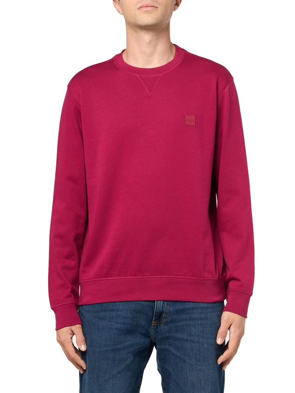 BOSS Men's Patch Logo French Terry Pullover Cotton Sweatshirt, Crimson Red, XL