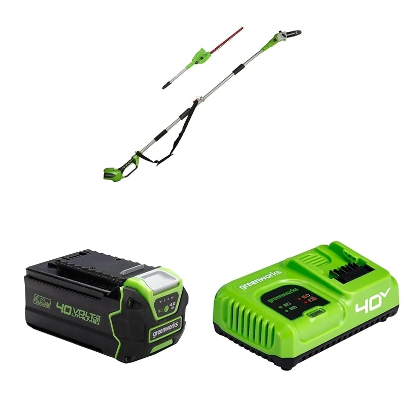 Greenworks 40V Cordless 2-in-1 Pole Saw and Hedge Trimmer with Shoulder Strap, 20cm Bar, 51cm Dual Action Blades, WITH 4Ah Battery and Charger