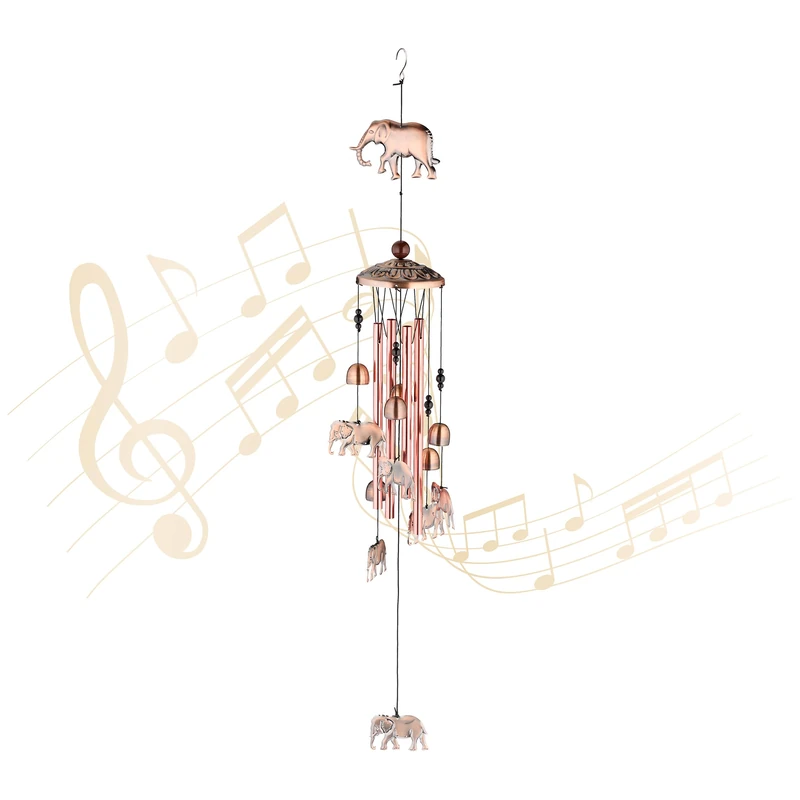 Relaxdays Wind Chime, with Bells & Elephants, Metal, Hanging Decoration, Indoors & Outdoors, HxD: 90 x 11.5 cm, Copper