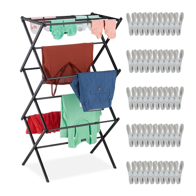 Relaxdays Clothes Horse Foldable, Extendable Drying Rack, 11Rrods, 6 Levels, Tower, HWD: 106 x 74 x 38 cm, Metal, Black, Iron