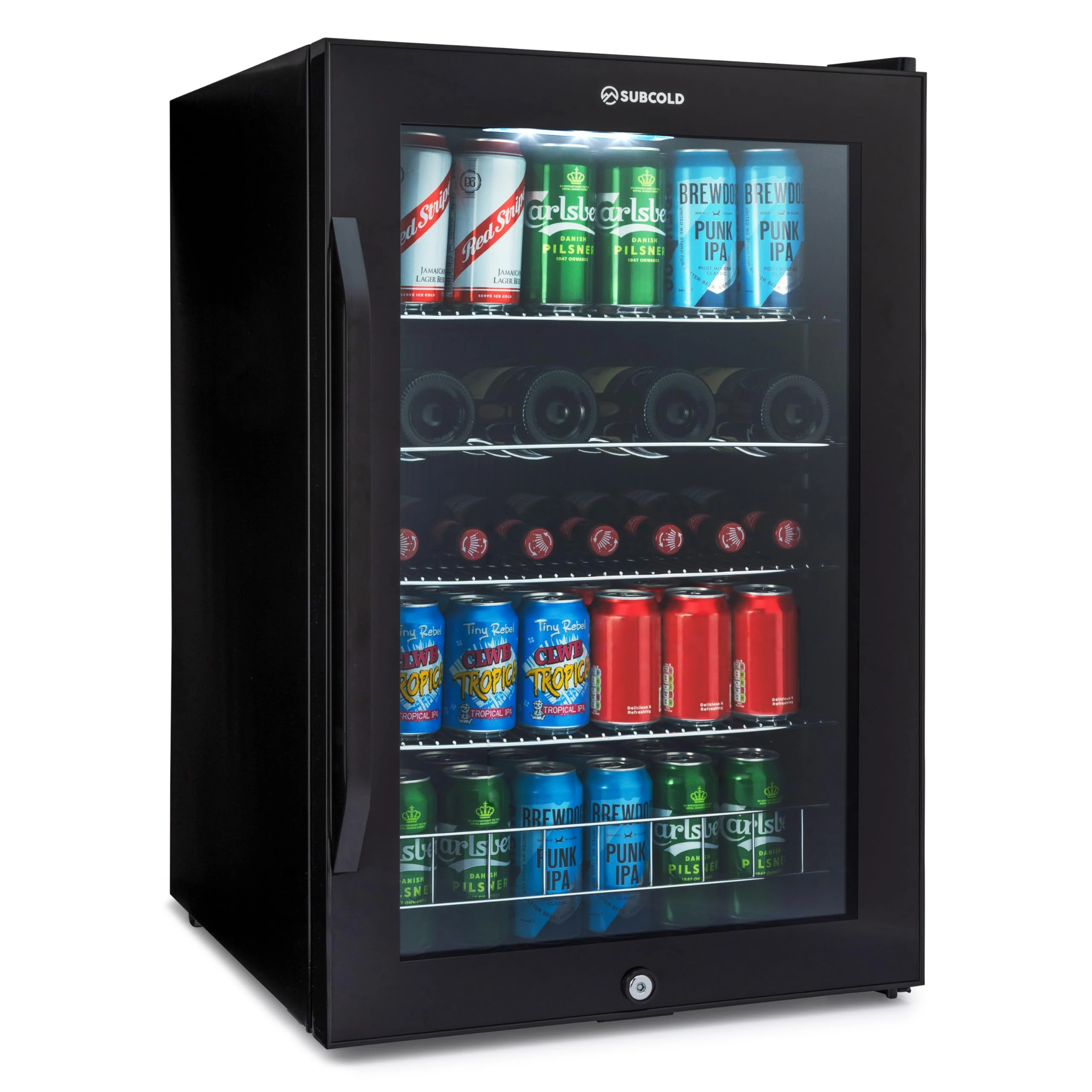 Subcold Ace130 LED Touch Control Beer Fridge With Glass Door | Premium Drinks & Wine Fridge | Black Alu Handle, Auto Defrost with Fan | 140 Cans | Ideal for Home Bar Undercounter