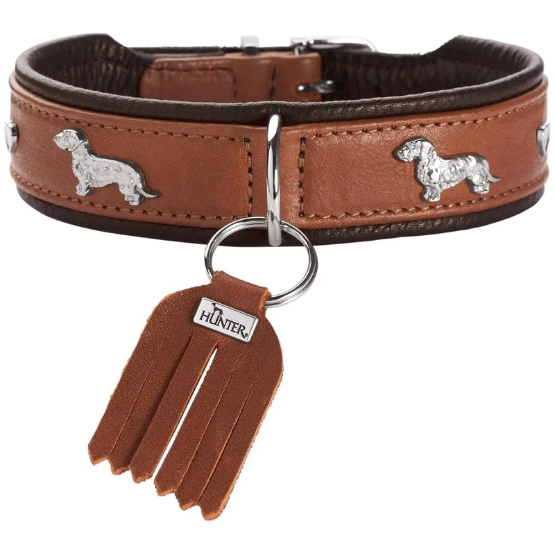 HUNTER Teckel Munich Collar Colour: Cognac/Black, Leather, Elegant Dachshund Trims, Soft and Robust, Fur Friendly, Luxurious, Ecologically Produced, Sustainable, Made in Germany, Size: 42