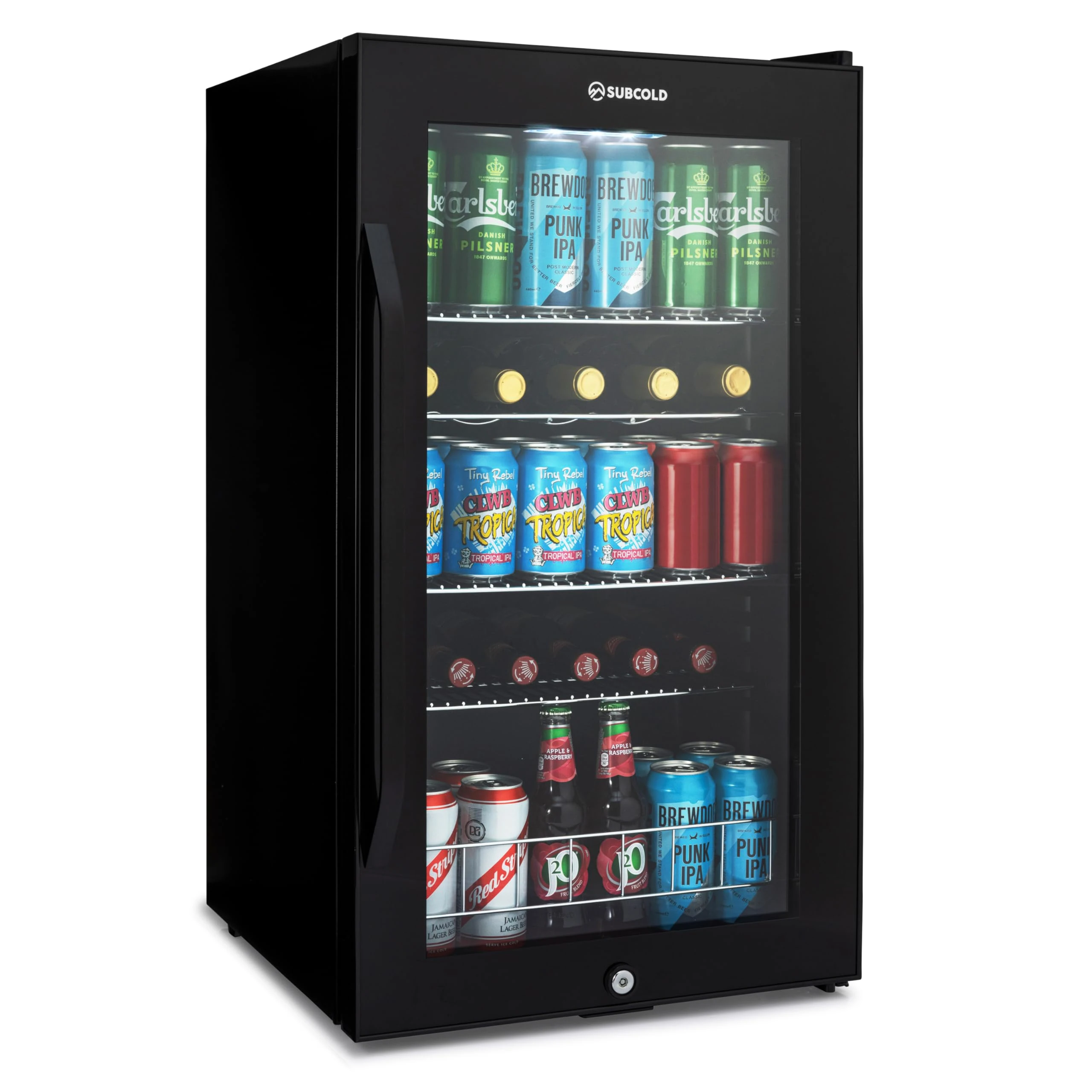 Subcold ACE100 Under Counter Drinks Fridge 95L with Glass Door | Auto Defrost Lockable Wine Fridge with LED, Fan Cooling & Touch Control | Beverage Cooler for Home Bar, Office, Kitchen