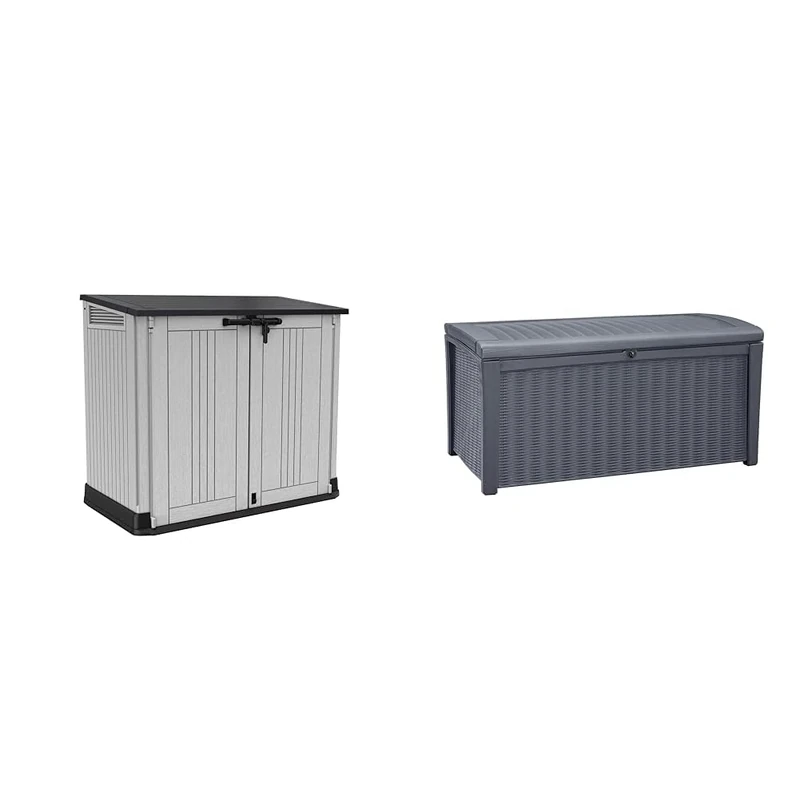 Keter Store It Out Nova Outdoor Garden Furniture Storage Shed Light Grey with Dark Grey Lid & Borneo 416L Outdoor 60% recycled Garden Furniture Storage Box Grey Rattan Effect