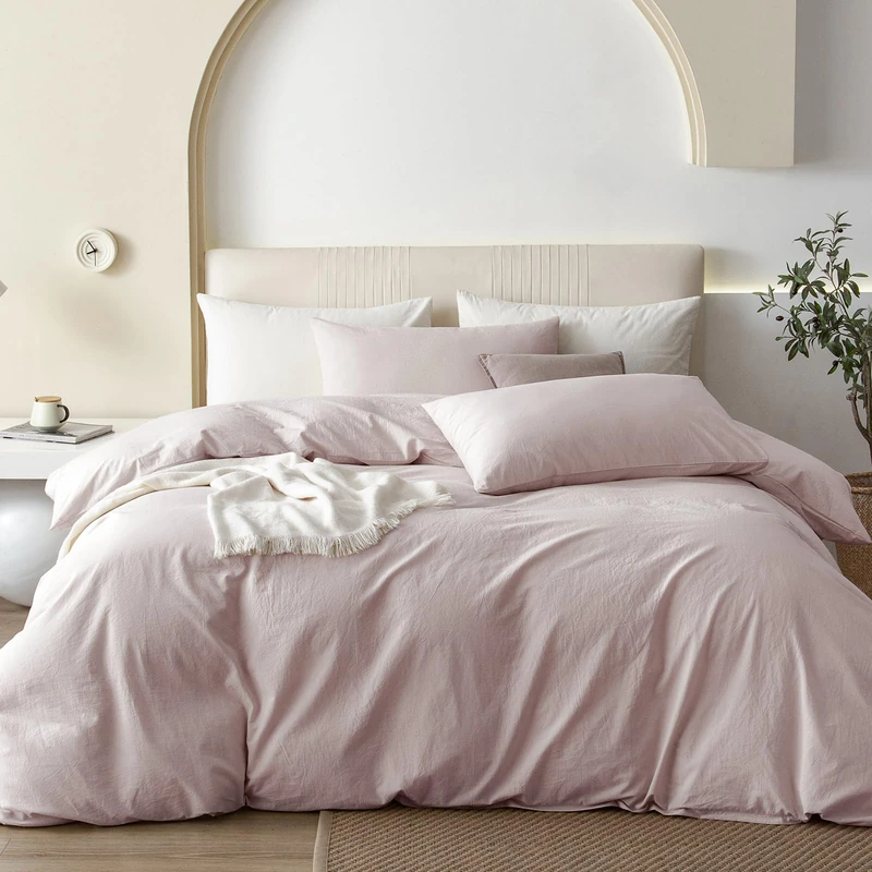 JIYUAN Full Size Duvet Cover Set, 3-Piece - 100% Washed Cotton, Linen-Like Soft & Breathable with Zipper Closure, Includes 80x90 Inch Cover & 2 Pillowcases, Heathered Greyish Pink