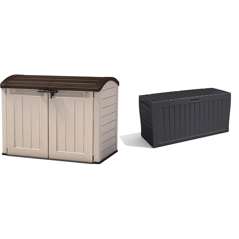 Keter Store It Out Ultra Outdoor Garden Storage Shed, 177 x 113 x 134 cm - Beige and Brown & Marvel+ 270L Outdoor 65% recycled Garden Furniture Storage Box Graphite Wood Panel Effect