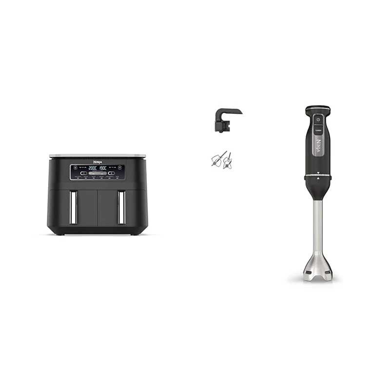 Ninja Foodi Dual Zone Digital Air Fryer, 2 Drawers, 7.6L, 6-in-1, Uses No Oil, Air Fry, Max Crisp & Foodi 2-in-1 Hand Blender & Hand Mixer, Food Processor with 2 Attachments, 850W Powerbase