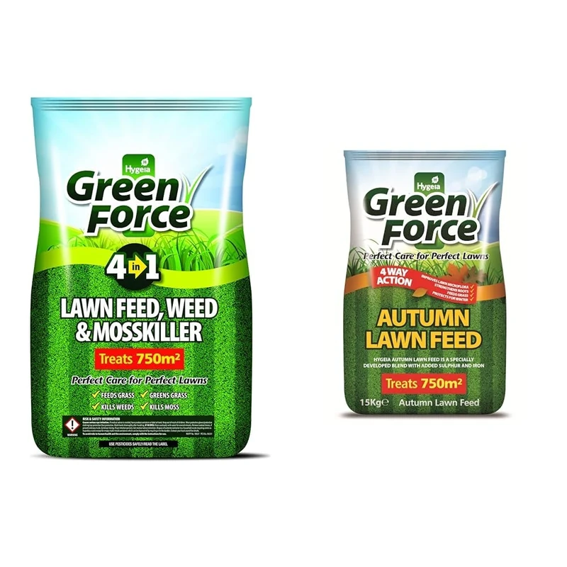 GREENFORCE G60015 4 in1 Lawn Feed Weed, Moss Killer, Green, 50 X 40 X 25 cm & Autumn Lawn Fertilizer 15kg