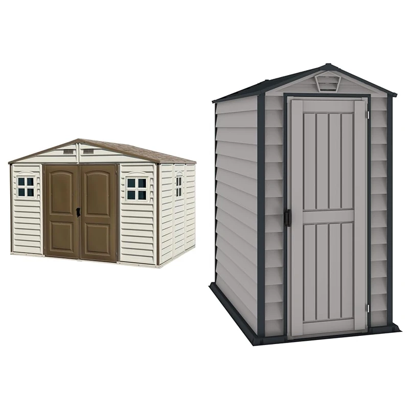 Duramax WoodSide 10 x 8 (8.02 m2) Plastic Garden Shed with 3 Fixed Windows & Metal Foundation Kit & EverMore 4 x 6 (1.98 m2) Plastic Garden Storage Shed, All-Weather Outdoor Storage Solution