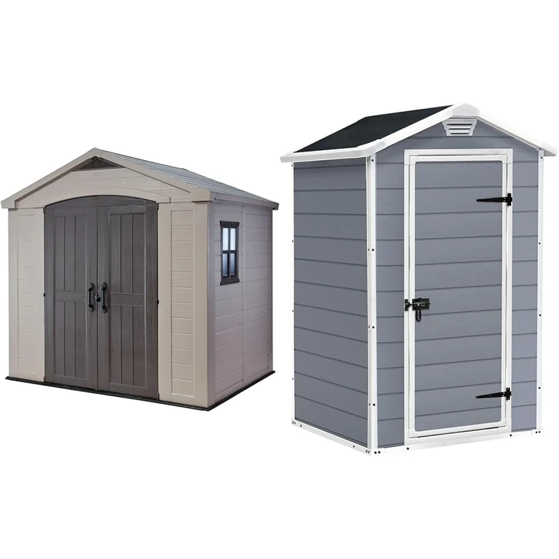 Keter Factor 8 x 6 ft Outdoor Storage Shed, Beige/Brown & Manor Outdoor Garden Storage Shed, Grey, 4 x 3 ft