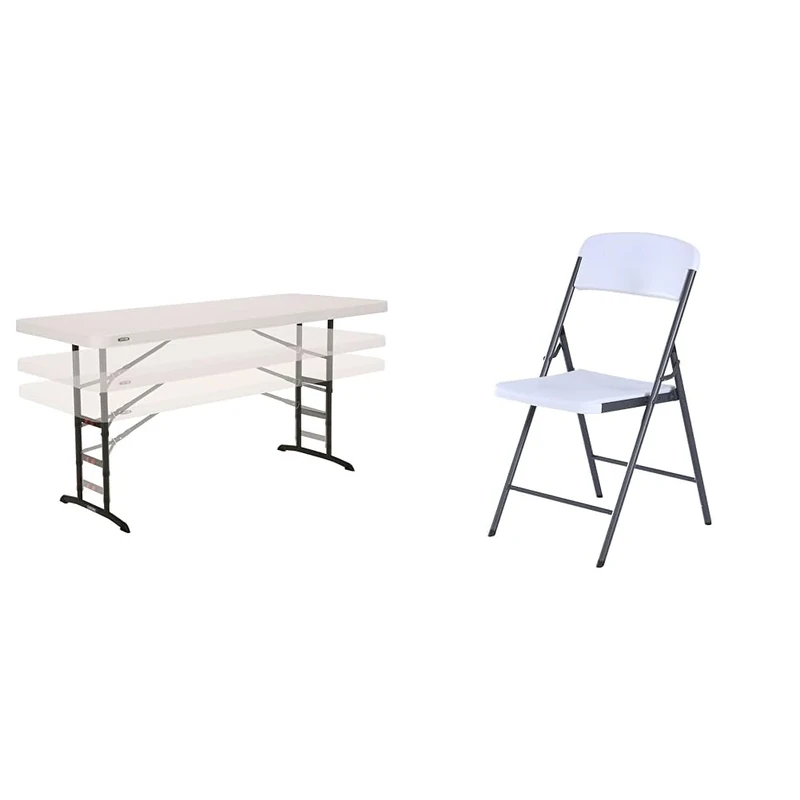 LIFETIME 6 ft (1.83 m) Commercial Adjustable Height Table & 80923 Essential Folding Chair, White Granite