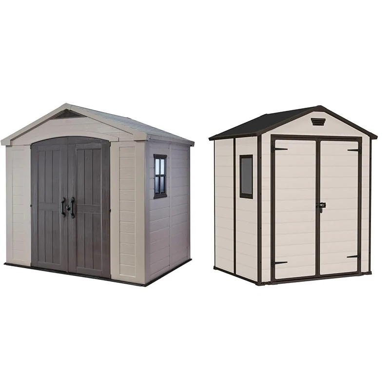 Keter Factor 8 x 6 ft Outdoor Storage Shed, Beige/Brown & Manor Outdoor Apex Double Door Garden Storage Shed 6 x 5ft Beige Brown Wood effect