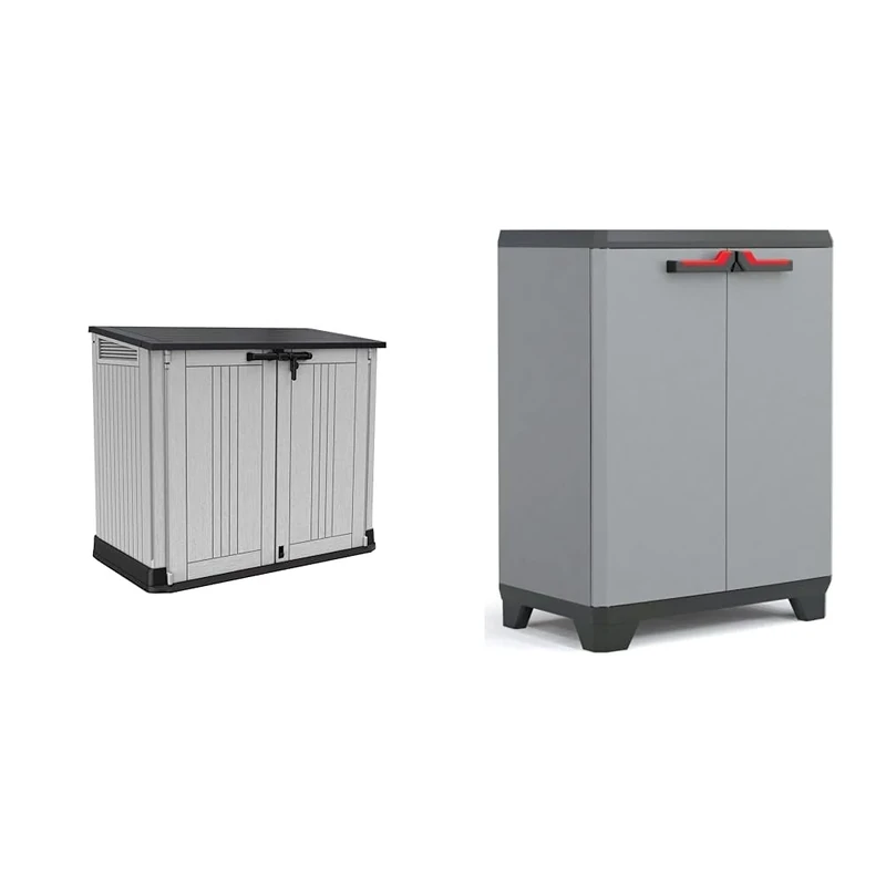 Keter Store It Out Nova Outdoor Garden Furniture Storage Shed Light Grey with Dark Grey Lid & Stilo Low Indoor Garage Utility Multi purpose Cabinet - Grey/Black/Red