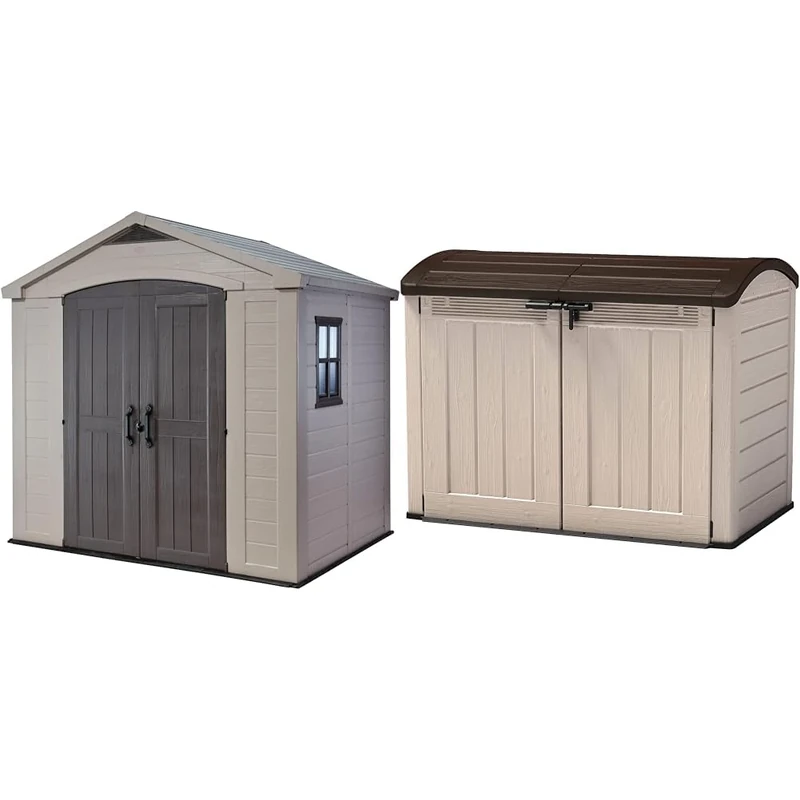 Keter Factor 8 x 6 ft Outdoor Storage Shed, Beige/Brown & Store It Out Ultra Outdoor Garden Storage Shed, 177 x 113 x 134 cm - Beige and Brown