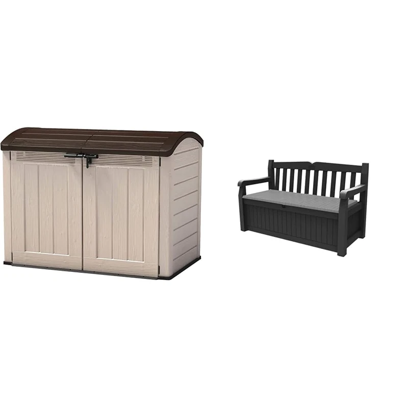Keter Store It Out Ultra Outdoor Garden Storage Shed, 177 x 113 x 134 cm - Beige and Brown & Eden Bench 265L Outdoor 60% recycled Garden Furniture Storage Box Graphite & Light Grey
