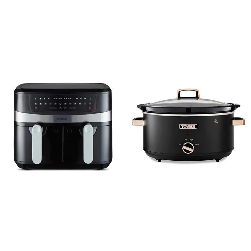 Tower T17088 Vortx 9L Dual Basket Air Fryer with Smart Finish, 2600W, Black & T16043BLK Cavaletto 6.5 Litre Slow Cooker with 3 Heat Settings, Cool Touch Handles, Black and Rose Gold