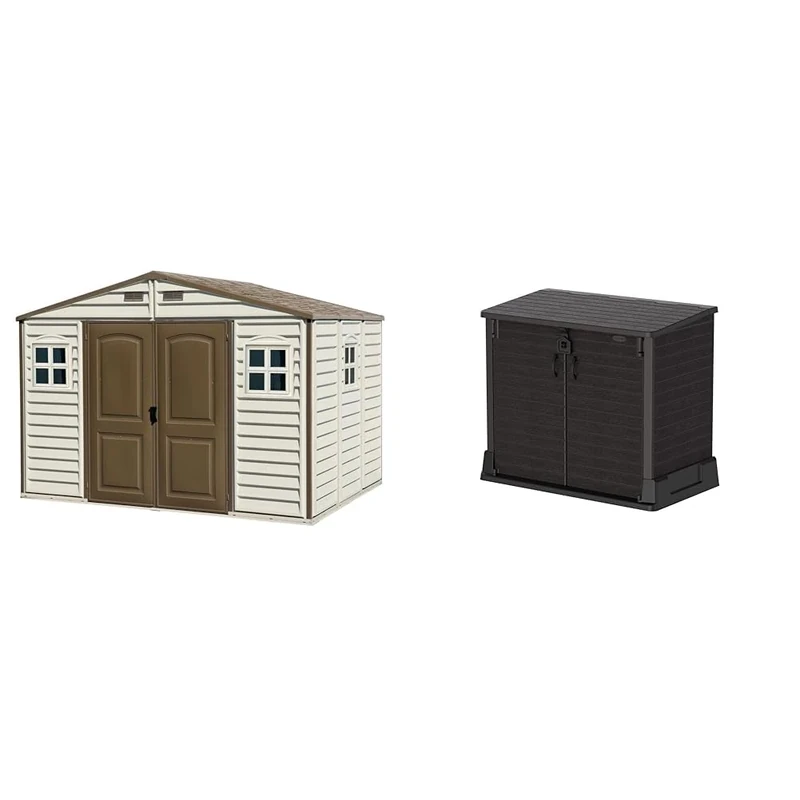 Duramax WoodSide 10 x 8 (8.02 m2) Plastic Garden Shed with 3 Fixed Windows & Metal Foundation Kit & Cedargrain StoreAway 850L Plastic Garden Storage Shed