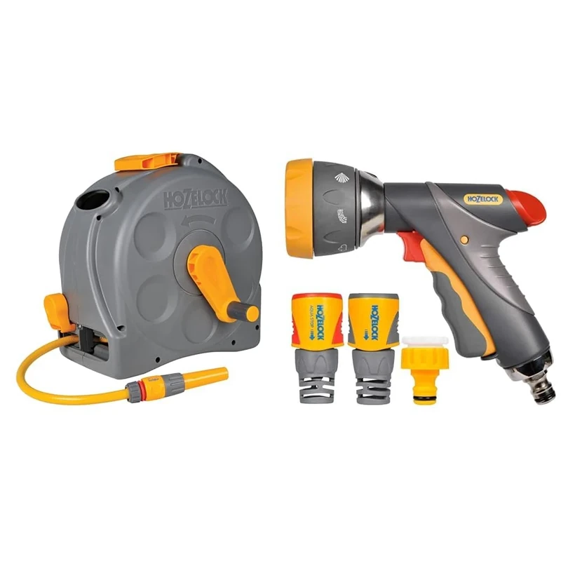HOZELOCK - 2-in-1 Compact Hose Reel 25m : Portable or Wall-Mounted Plastic Reel & Pist MULTIJETS PRO MET+RACC 12,5-15MM - 2371 0000