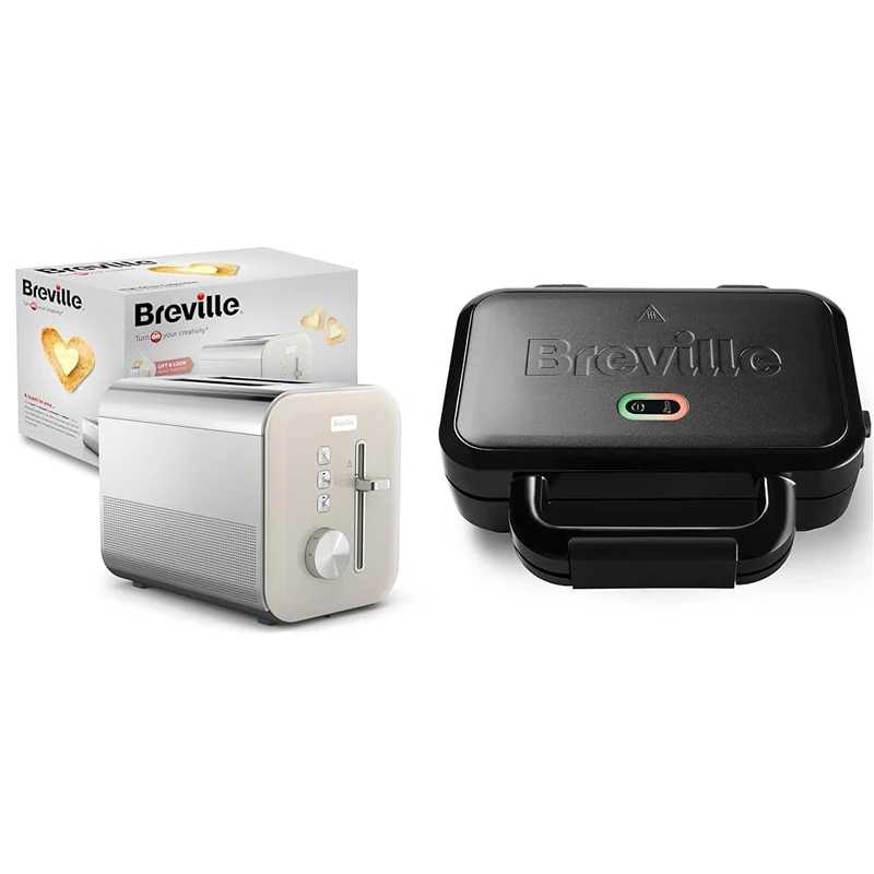 Breville High Gloss 2-Slice Toaster with High-Lift & Wide Slots | Cream & Stainless Steel [VTT967] & Ultimate Deep Fill Toastie Maker | 2 Slice Sandwich Toaster | Removable Non-Stick Plates