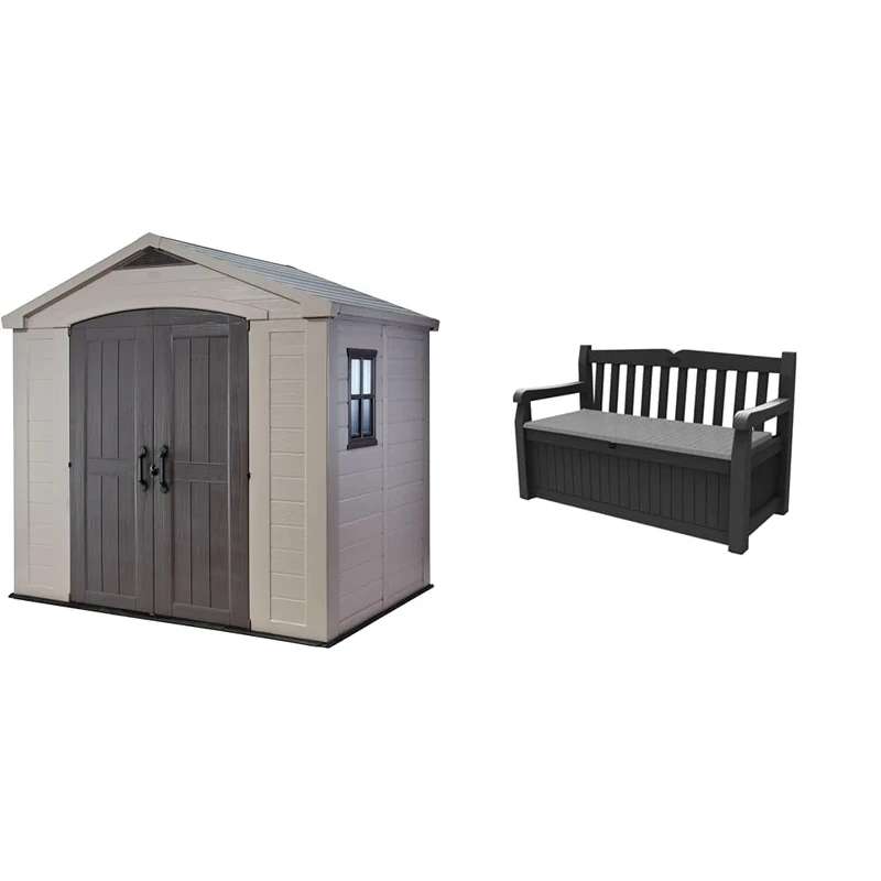 Keter Factor 8 x 6 ft Outdoor Storage Shed, Beige/Brown & Eden Bench 265L Outdoor 60% recycled Garden Furniture Storage Box Graphite & Light Grey