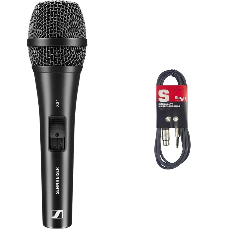 Sennheiser XS 1 Dynamic Cardioid Vocal Microphone | Microphone Clamp & Transport Bag Included | For Singers, Presenters & Entertainers | Black (507487) & Stagg SMC6 6 metre standard microphone cable