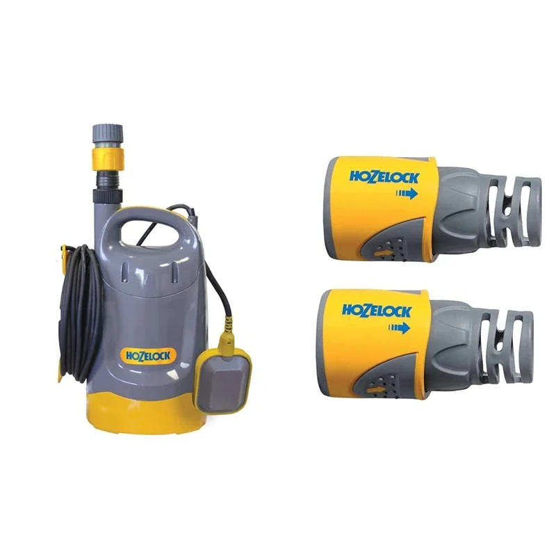HOZELOCK - Submersible Flood Pumps Flowmax 7500 : for Clear or Dirty Water, Fully Equipped & Hose Connector Plus ø 12.5mm - 15mm (1/2"- 5/8") Soft Touch x2 : Watertight, Non-Slip, Flexible