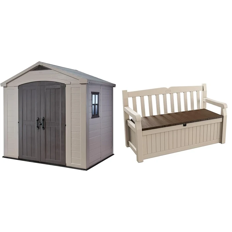 Keter Factor 8 x 6 ft Outdoor Storage Shed, Beige/Brown & Eden Bench 265L Outdoor 60% recycled Garden Furniture Storage Box Beige