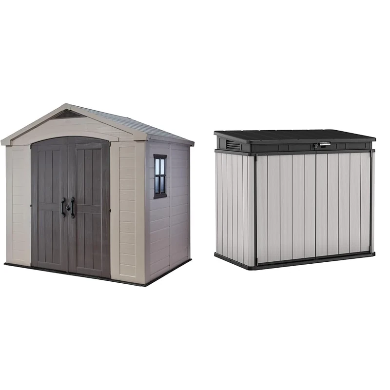 Keter Factor 8 x 6 ft Outdoor Storage Shed, Beige/Brown & Store It Out Premier XL Outdoor Garden Storage Shed, Grey and Black, 141 x 82 x 123.5 cm