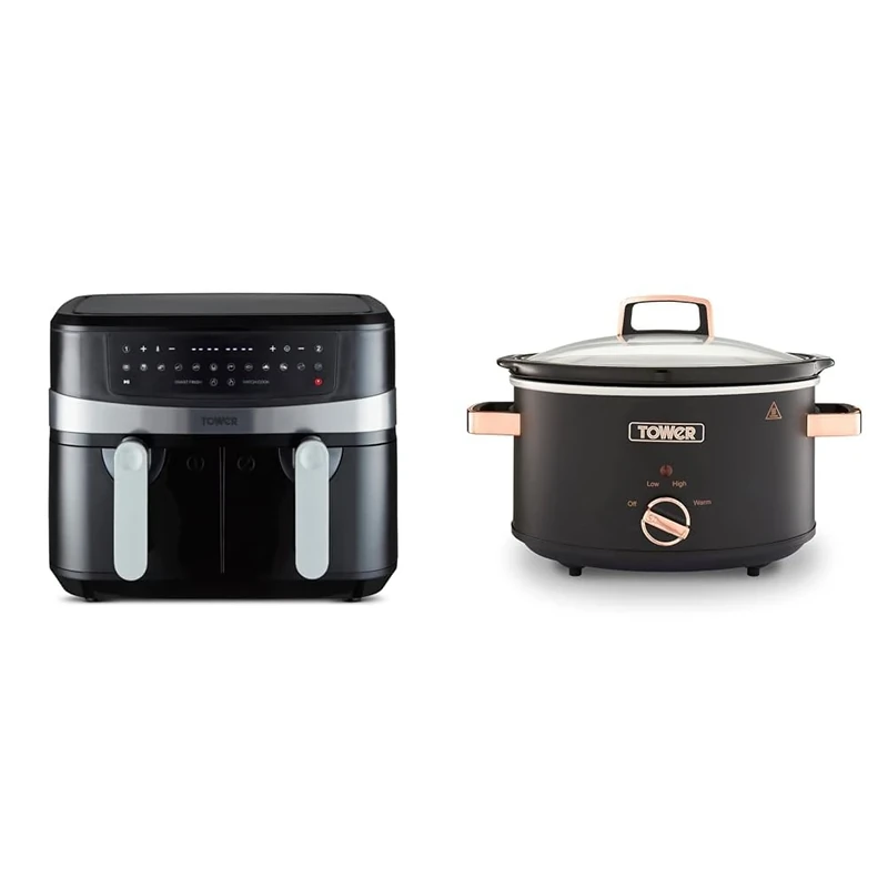 Tower T17088 Vortx 9L Dual Basket Air Fryer with Smart Finish, 2600W, Black & T16042BLK Cavaletto 3,5 Litre Slow Cooker with 3 Heat Settings, Cool Touch Handles, 210W, Black and Rose Gold