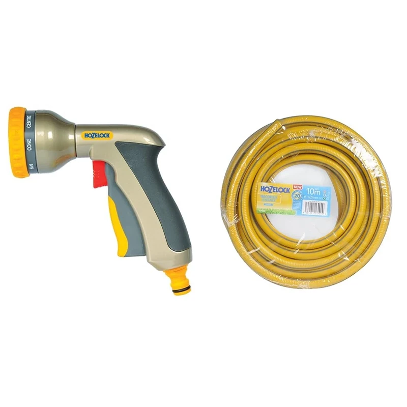 HOZELOCK - Multi-Jet Spray Gun Plus : Ergonomic, Extremely Compact Metal Multi-Task Gun for Ease of Use, Lockable: 9 Spray Patterns [2691P6001] & Tricoflex Ultraflex Hose, Yellow, 12.5 mm x 15 m