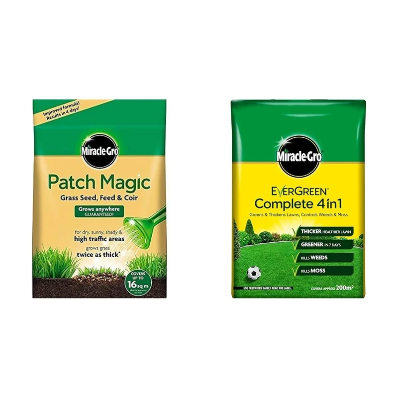 Miracle-Gro Patch Magic Grass Seed, Feed and Coir 3.6 kg - 48 patches & Evergreen Complete 4-in-1 Lawn Food - 200 m2, Lawn Food, Weed & Moss Control, Yellow