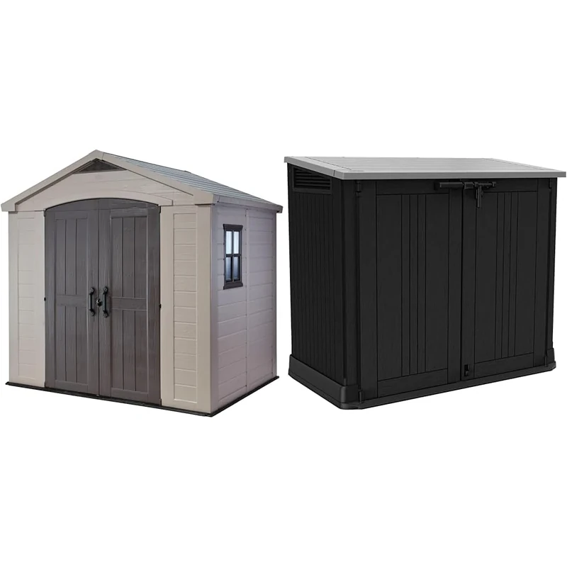 Keter Factor 8 x 6 ft Outdoor Storage Shed, Beige/Brown & 249319 Store it Out Nova Outdoor Garden Storage Shed, 32 x 71.5 x 113.5 cm, Dark Grey with Light Grey Lid