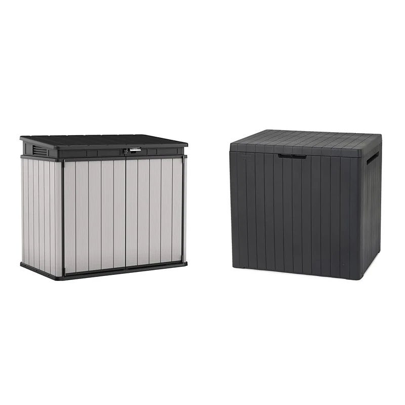 Keter Store It Out Premier XL Outdoor Garden Storage Shed, Grey and Black, 141 x 82 x 123.5 cm & City 113L Outdoor 96% recycled Small Balcony Garden Furniture Storage Box Grey Wood Panel