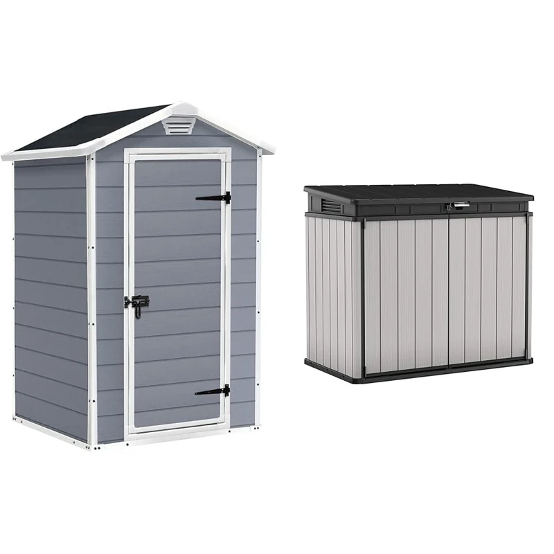 Keter Manor Outdoor Garden Storage Shed, Grey, 4 x 3 ft & Store It Out Premier XL Outdoor Garden Storage Shed, Grey and Black, 141 x 82 x 123.5 cm