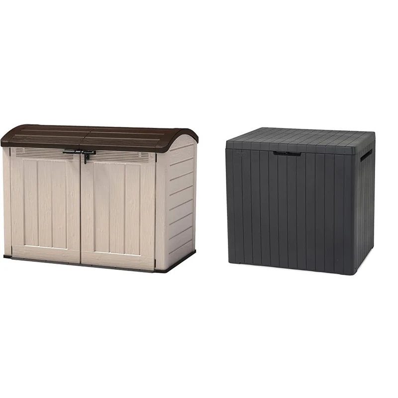 Keter Store It Out Ultra Outdoor Garden Storage Shed, 177 x 113 x 134 cm - Beige and Brown & City 113L Outdoor 96% recycled Small Balcony Garden Furniture Storage Box Grey Wood Panel