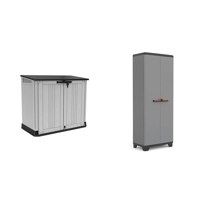 Keter Store It Out Nova Outdoor Garden Furniture Storage Shed Light Grey with Dark Grey Lid & Stilo High Indoor Garage Utility Multi purpose Cabinet - Grey/Black/Red