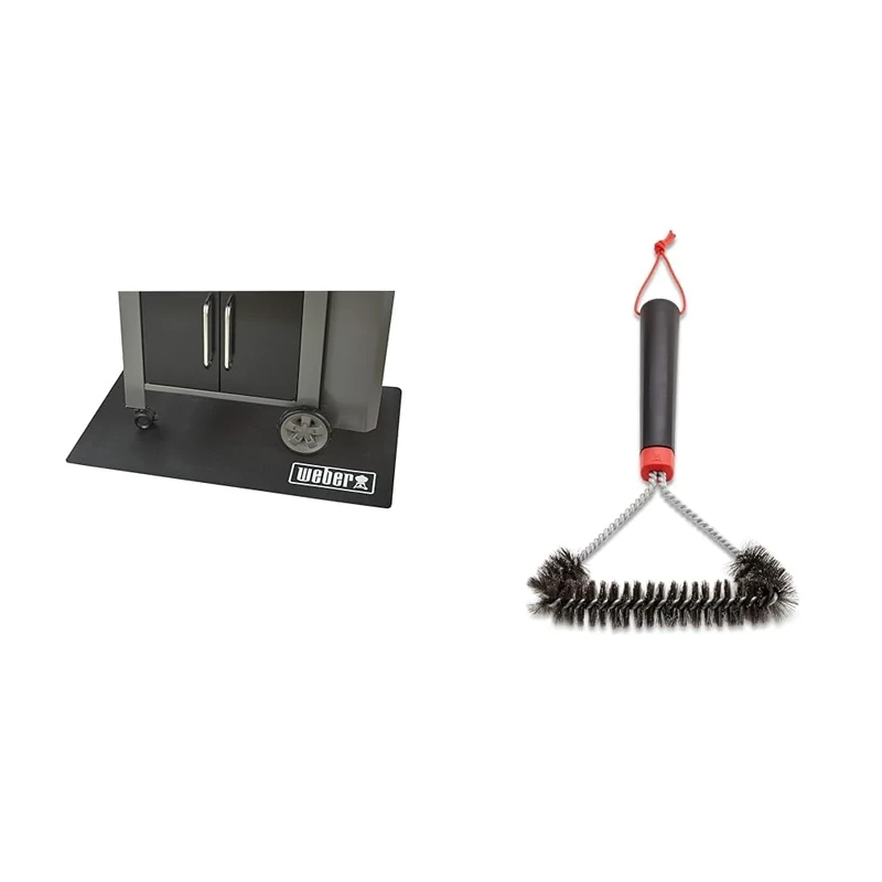 Weber Barbecue Floor Protection Mat | BBQ Grill Mat/Heat Mat | Rubber Floor Mat & 6277 30 cm Three-Sided Grill Brush, Black/Silver