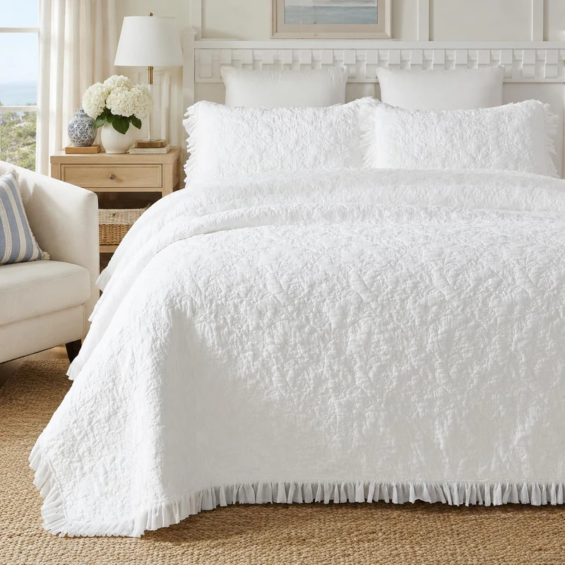 Brandream Solid White Cotton Queen Quilt Bedding Set - Queen Size Matelasse Coverlet with 2 Pillow Shams: Elegant Ruffle Bedspread, Feminine Lightweight Bedding Set