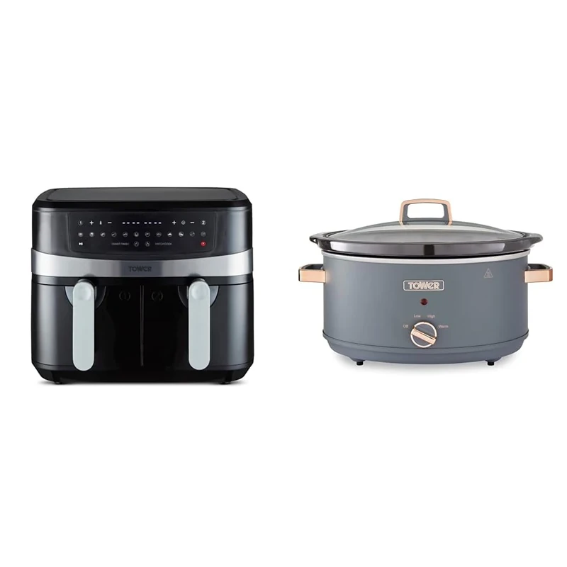 Tower T17088 Vortx 9L Dual Basket Air Fryer with Smart Finish, 2600W, Black & T16043GRY Cavaletto 6.5 Litre Slow Cooker with 3 Heat Settings, Cool Touch Handles, Grey and Rose Gold