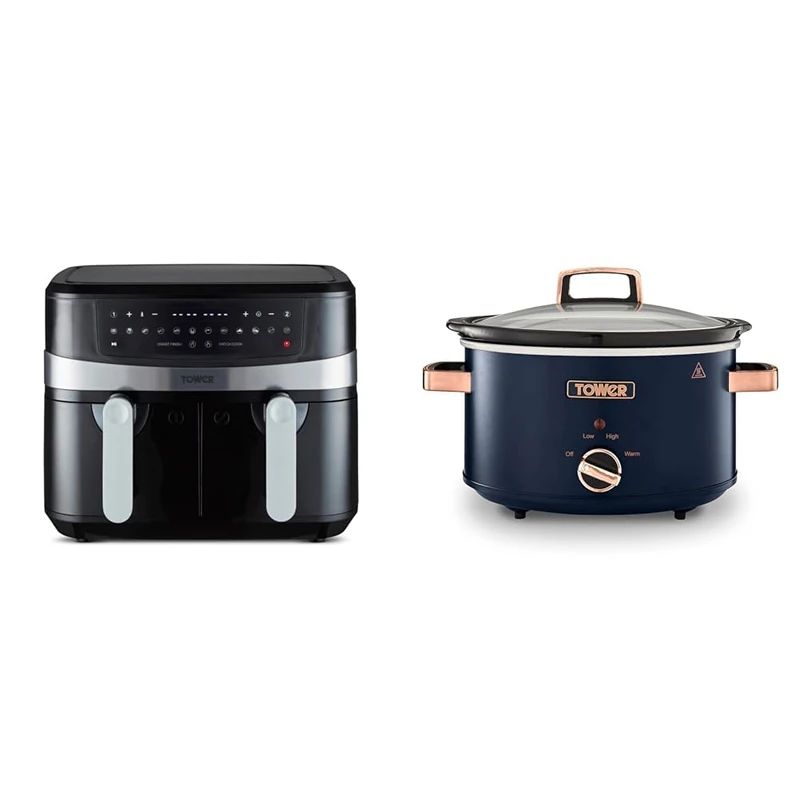 Tower T17088 Vortx 9L Dual Basket Air Fryer with Smart Finish, 2600W, Black & T16042MNB Cavaletto 3.5 Litre Slow Cooker with 3 Heat Settings