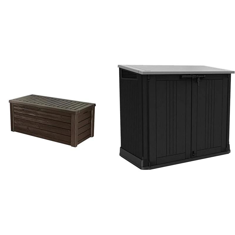 Keter Westwood 570L Outdoor 75% recycled Garden Furniture Storage Box Brown Wood Panel Effect & 249319 Store it Out Nova Outdoor Garden Storage Shed, 32 x 71.5 x 113.5 cm, Dark Grey
